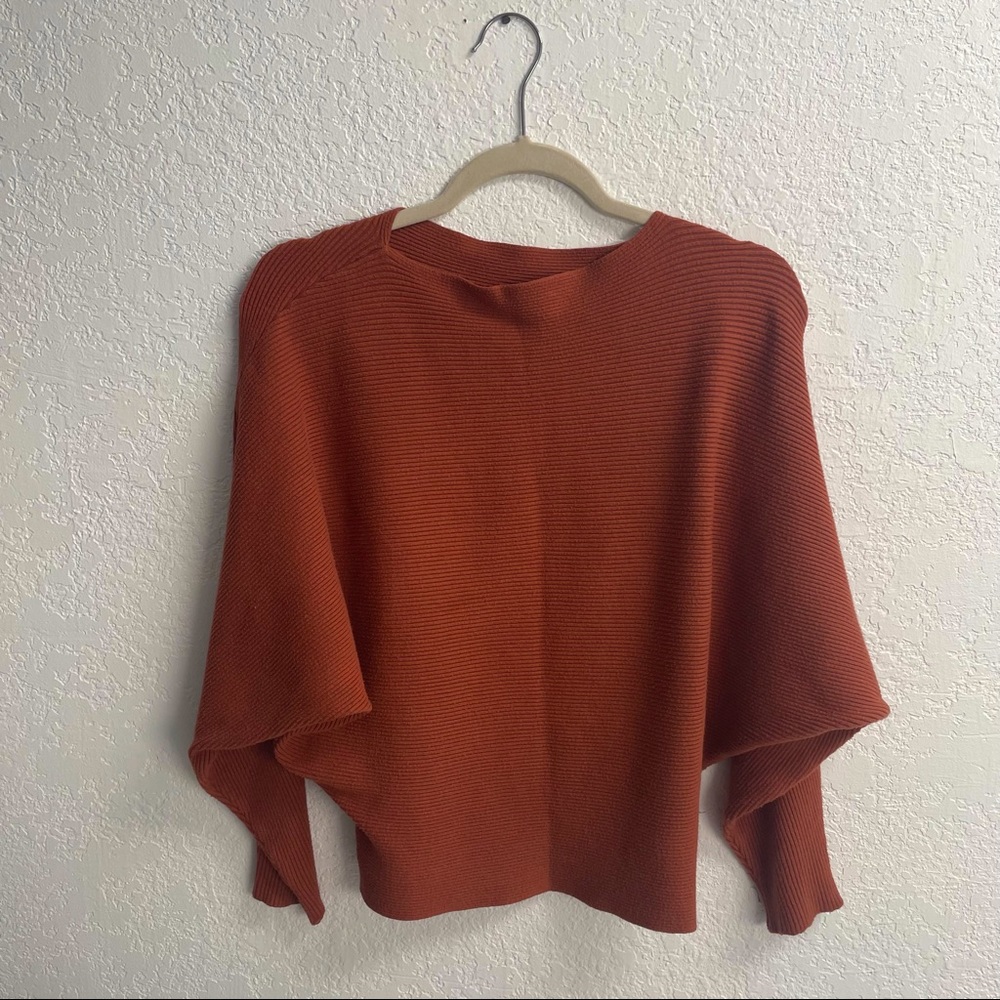 Carmel/Burnt Orange, Boat Neck Batwing Sleeves Knitted Sweater, Pullover